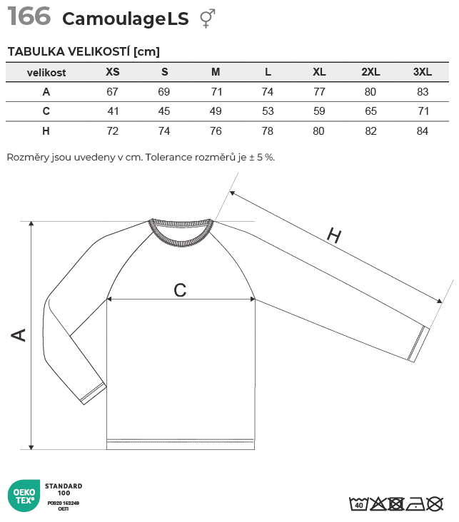 166 Camouflage LS triko unisex Tabulka velikostí